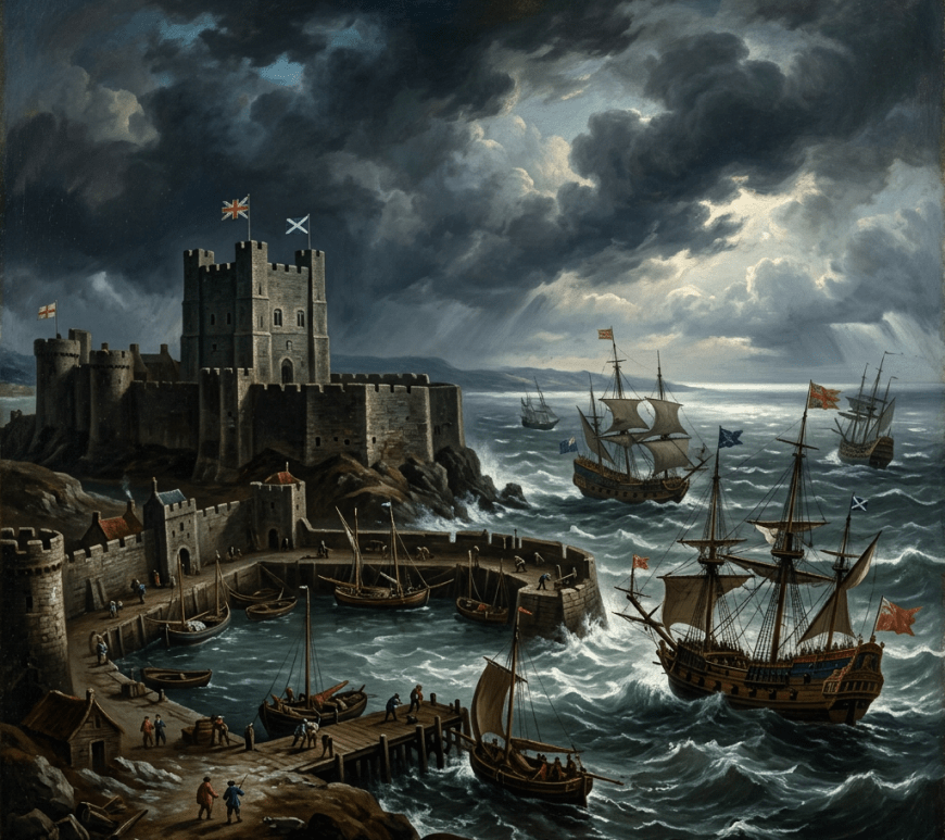 Coastal castle with boats in turbulent sea under dark, stormy clouds