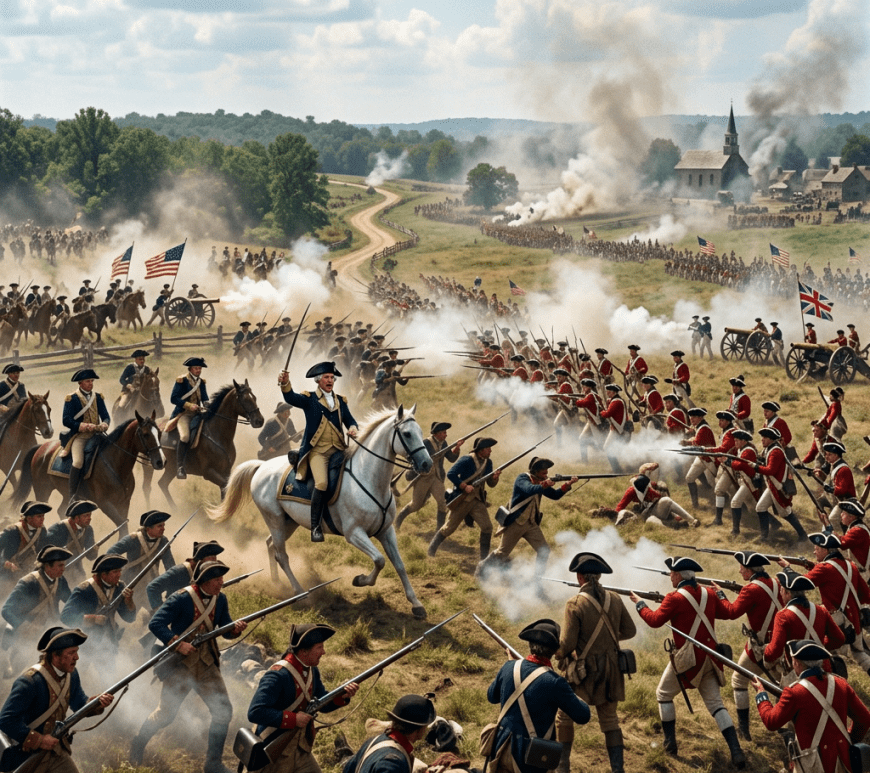 American and British soldiers in red and blue uniforms firing muskets on a smoky battlefield