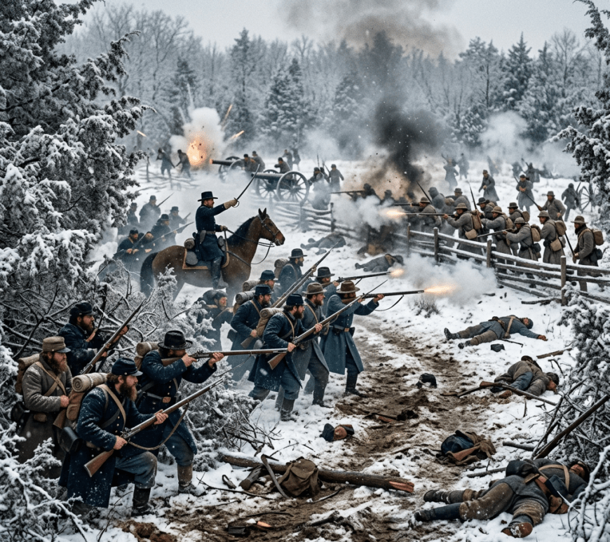 Civil War soldiers firing rifles and cannons in snowy battlefield