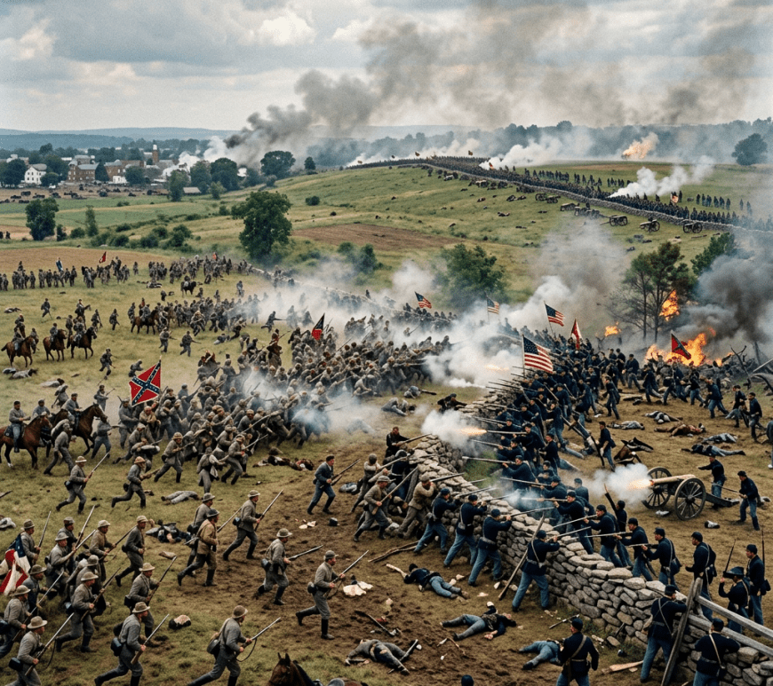 Civil War soldiers in blue and gray uniforms engage across a stone wall with muskets and flags