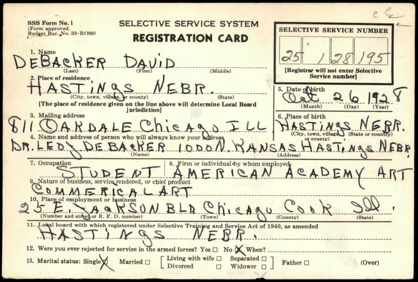Draft registration card for David DeBacker dated September 13, 1948 (age 19) side one.