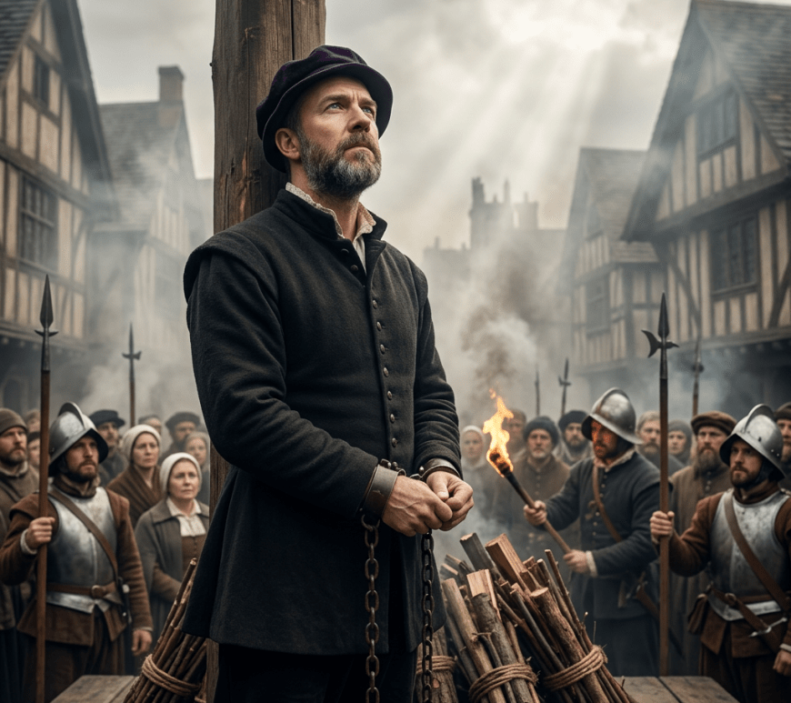 Man in historical clothing chained before a pile of wood with crowd behind