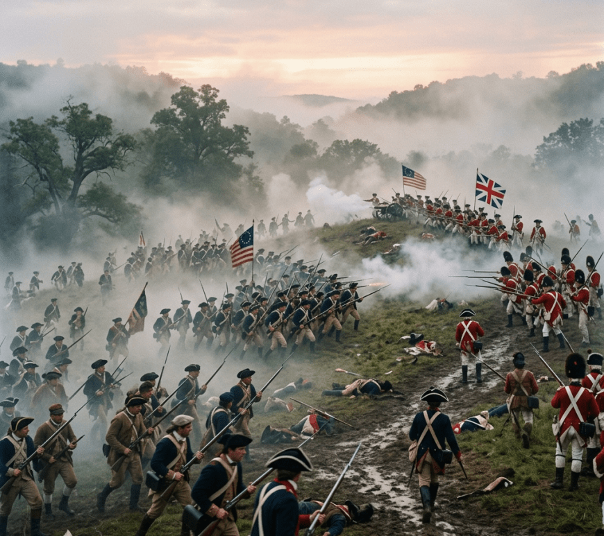 American and British soldiers firing muskets and advancing with flags on foggy battlefield