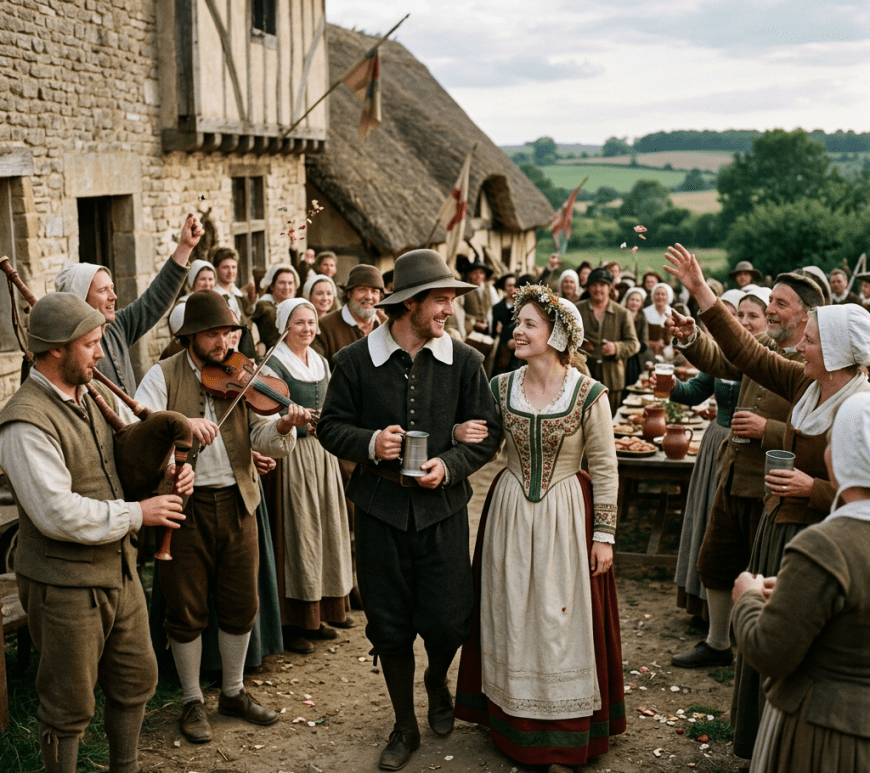 Couple in historical clothing walking through crowd celebrating at village wedding