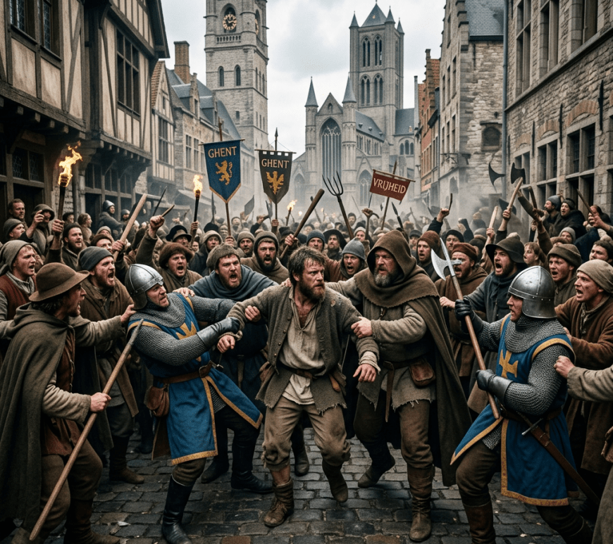 Medieval crowd confronting armored guards on a cobblestone street with Ghent banners and torches