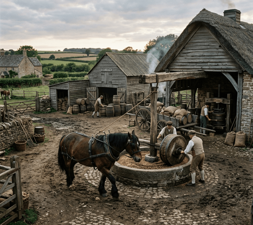 Horse pulling stone mill in traditional grain processing setting with workers and barns