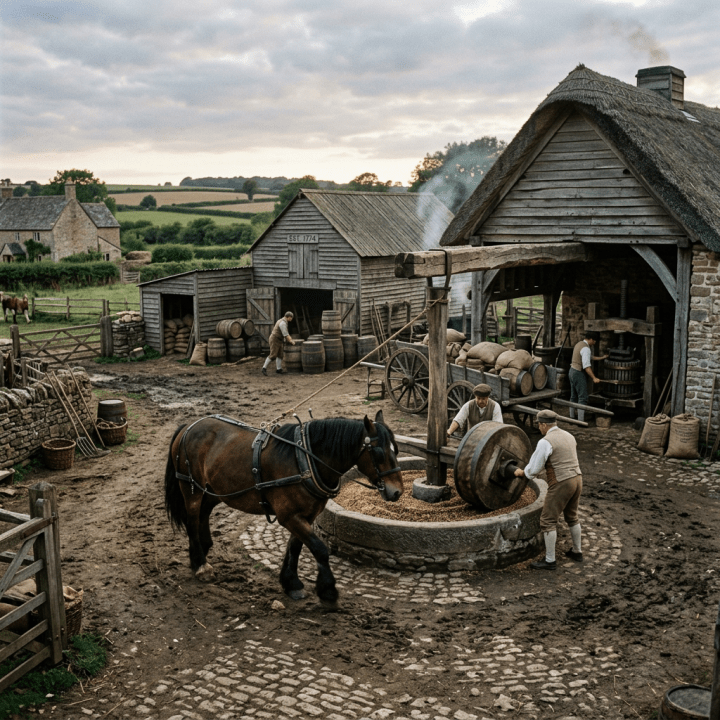 Horse pulling stone mill in traditional grain processing setting with workers and barns