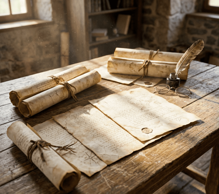 Ancient scrolls and handwritten parchment letters with a quill and ink bottle on a rustic table