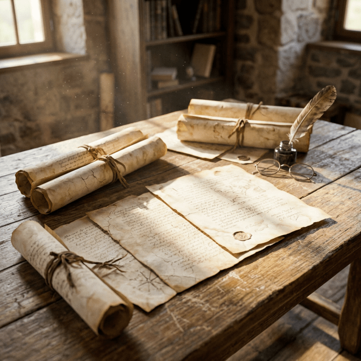Ancient scrolls and handwritten parchment letters with a quill and ink bottle on a rustic table