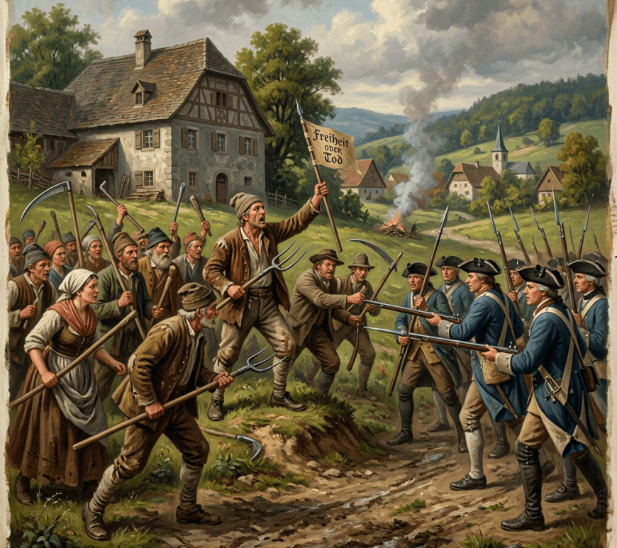 Peasants with farming tools clash with soldiers aiming muskets in a countryside village