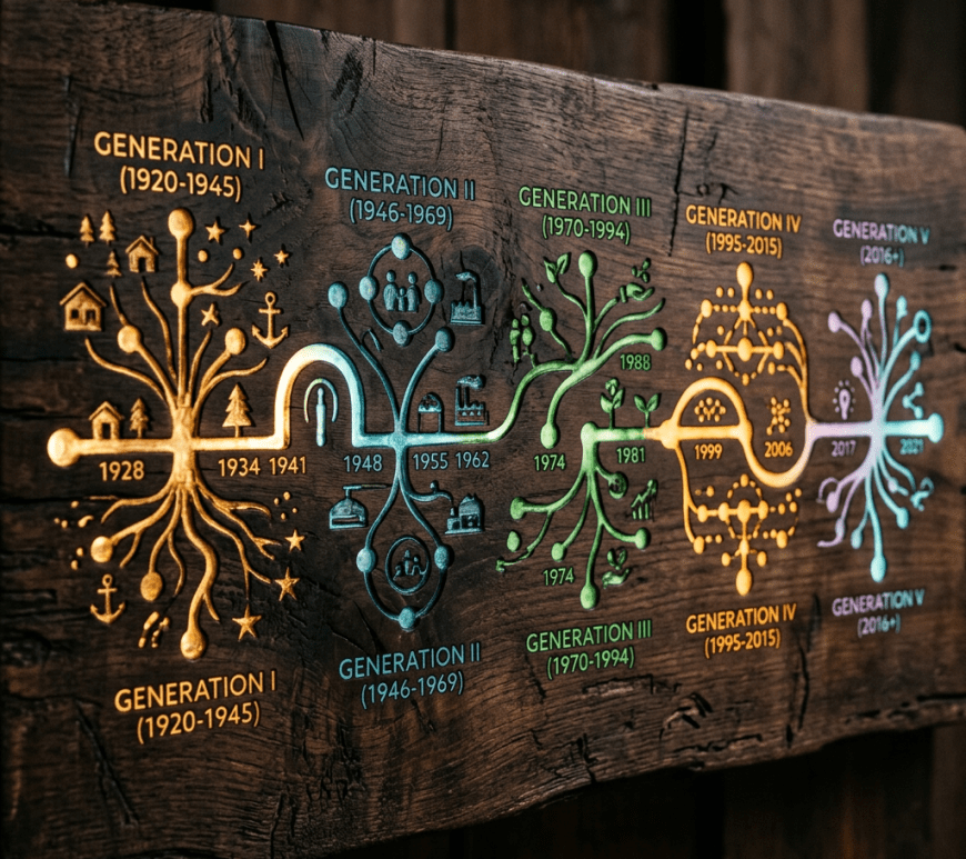 Wooden infographic labeled Generation I (1920-1945), Generation II (1946-1969), Generation III (1970-1994), Generation IV (1995-2015), and Generation V (2016+), with milestone years 1928, 1934, 1941, 1948, 1955, 1962, 1974, 1981, 1988, 1999, 2006, 2017, and 2024.