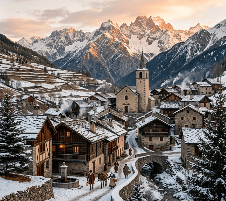 Snow-covered Alpine village with church, stream, and towering mountains