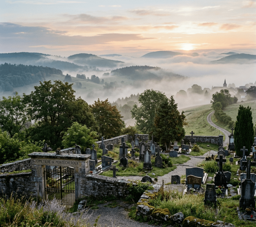 Stone cemetery overlooking misty green hills at sunrise