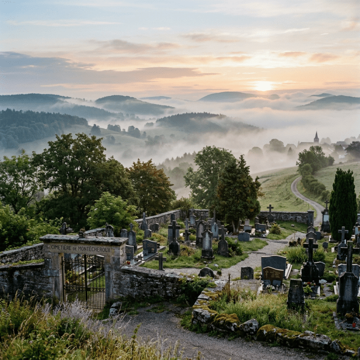 Stone cemetery overlooking misty green hills at sunrise