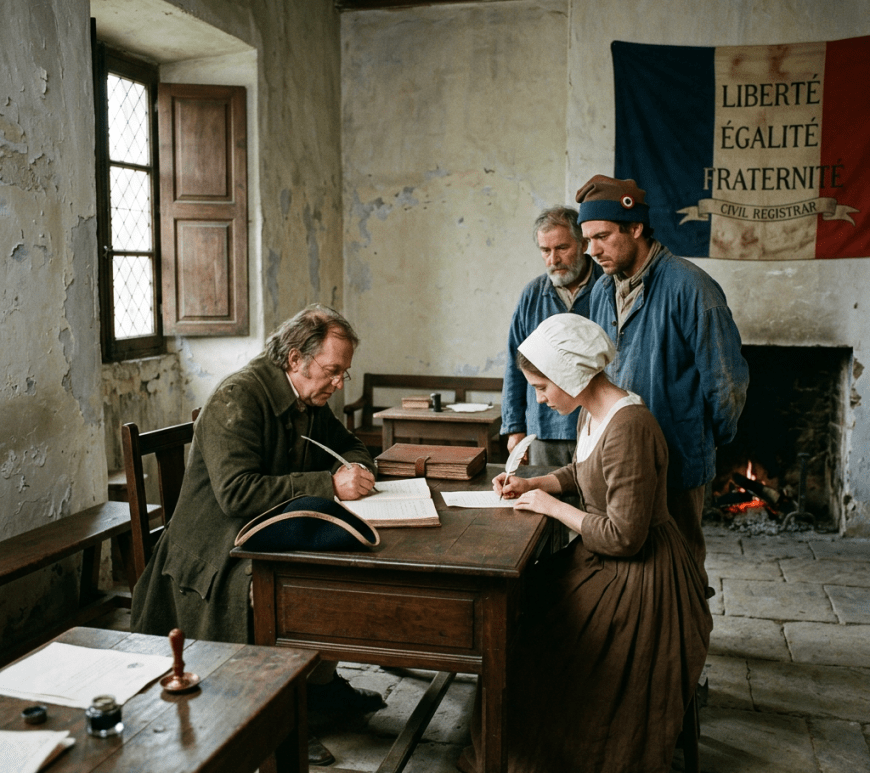 Civil registrar writing beneath banner reading LIBERTÉ ÉGALITÉ FRATERNITÉ CIVIL REGISTRAR