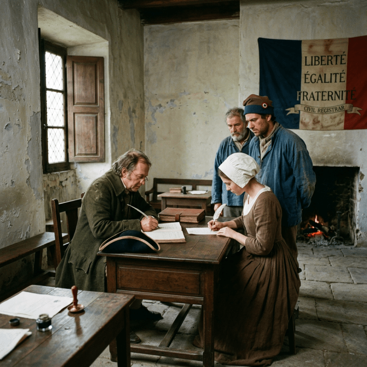 Civil registrar writing beneath banner reading LIBERTÉ ÉGALITÉ FRATERNITÉ CIVIL REGISTRAR