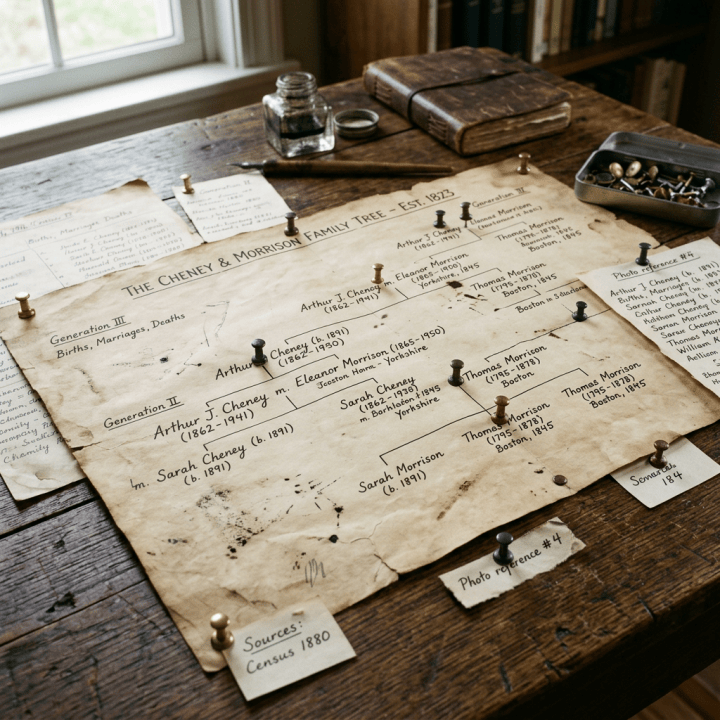 Cheney and Morrison family tree marked Est. 1823, surrounded by notes and archival tools