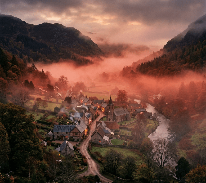 Misty mountain village with church, river, forests, and surrounding peaks