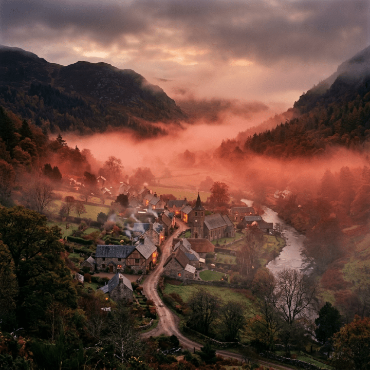 Misty mountain village with church, river, forests, and surrounding peaks