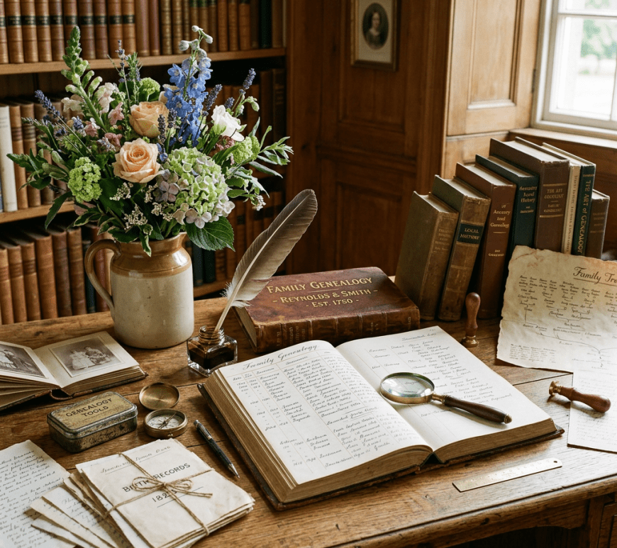 Open family genealogy book surrounded by historical records, quill, flowers, and magnifying glass