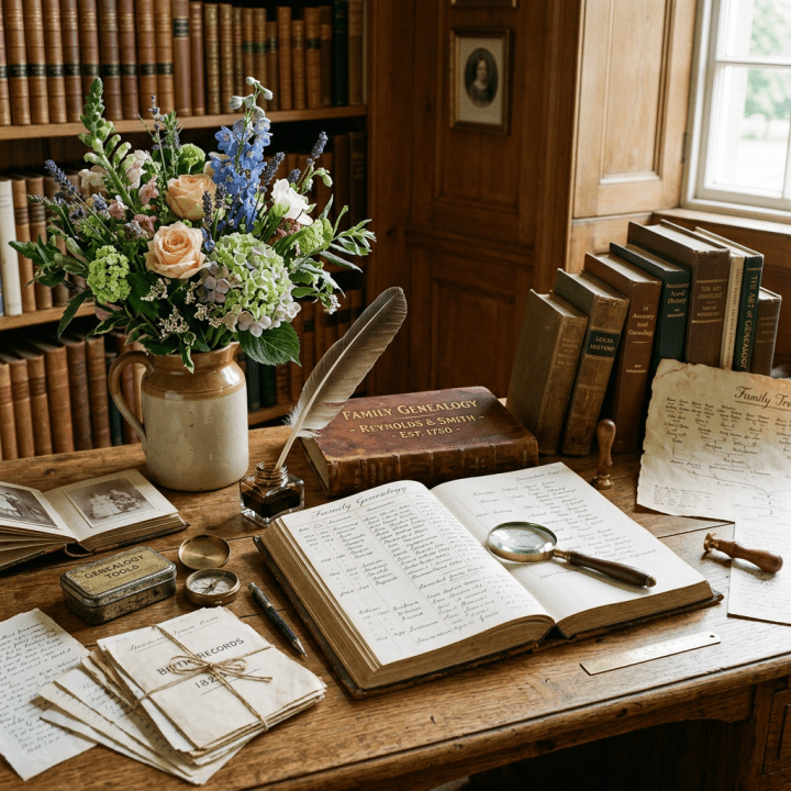 Open family genealogy book surrounded by historical records, quill, flowers, and magnifying glass
