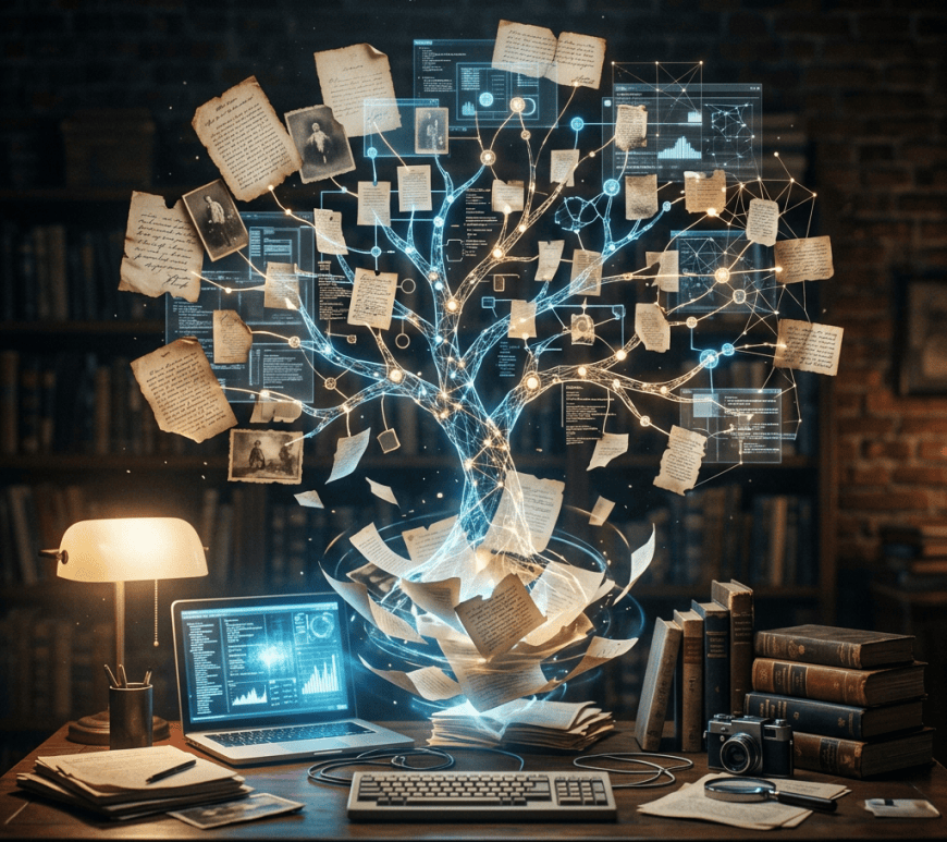 Glowing data tree connecting manuscripts, photographs, books, laptop, and camera