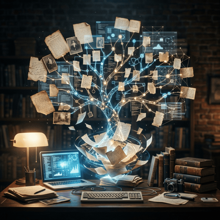 Glowing data tree connecting manuscripts, photographs, books, laptop, and camera