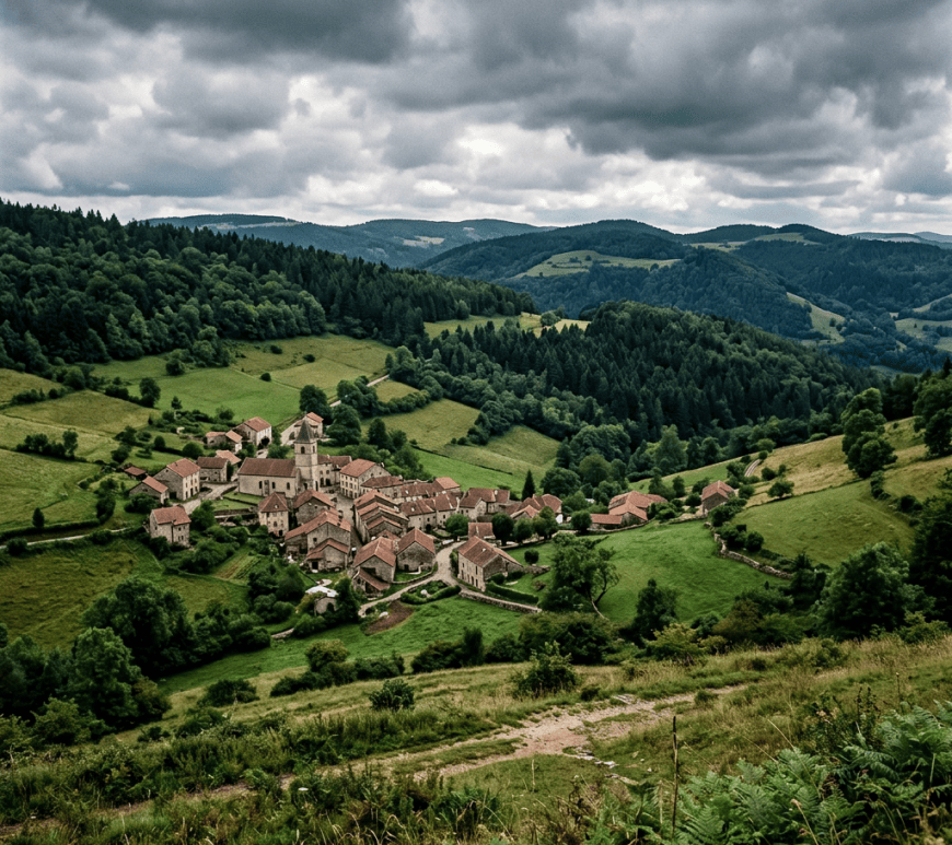 Small red-roofed village surrounded by green hills and forests