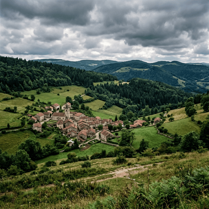 Small red-roofed village surrounded by green hills and forests